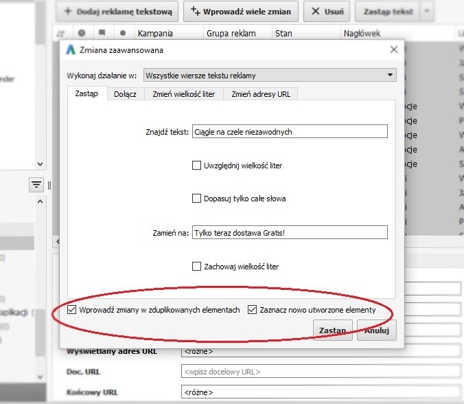 rys. 2 Wprowadzanie zmian w zduplikowanych elementach w edytorze AdWords