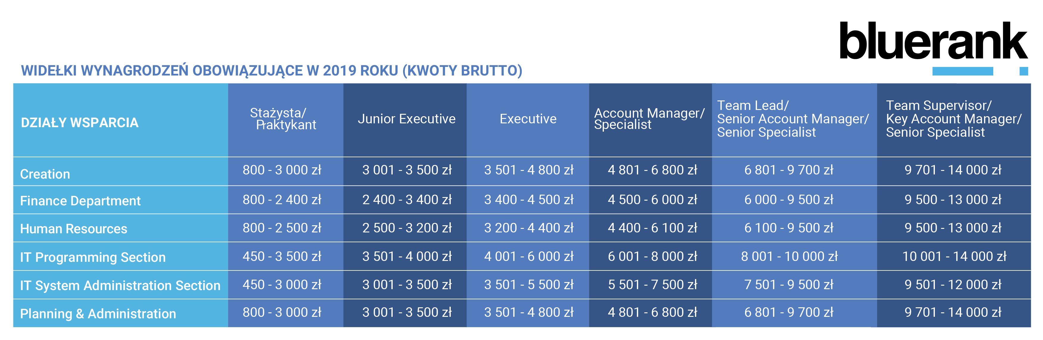 Widełki wynagrodzeń w Bluerank w 2019 roku - działy wsparcia
