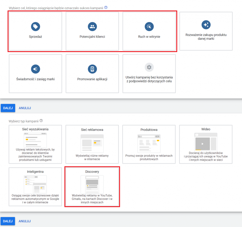Tworzenie kampanii Discovery krok po kroku - wybieranie celu Discovery