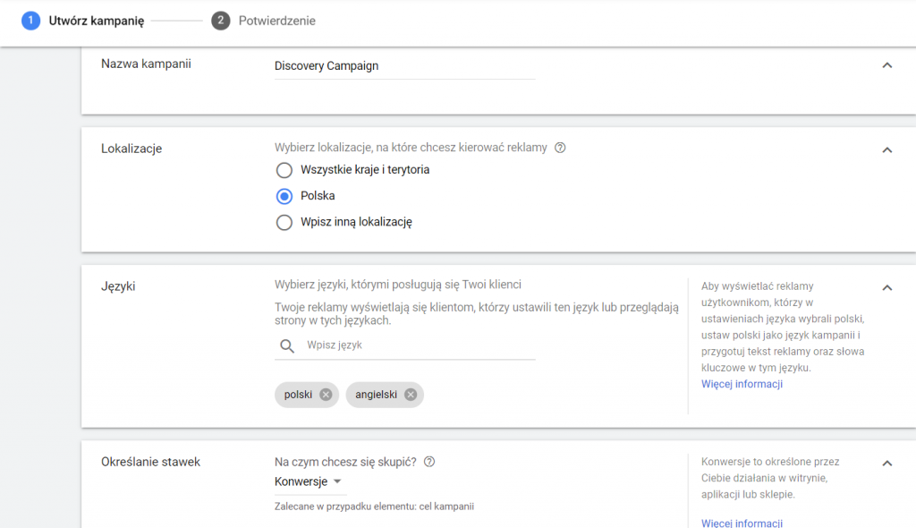 Tworzenie kampanii Discovery krok po kroku - konfiguracja kampanii