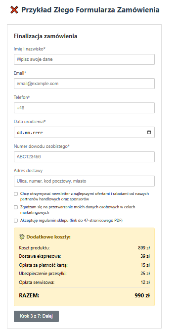 Złe praktyki: ukryte koszty pojawiające się dopiero przy płatności, zbyt wiele kroków w procesie zakupu, rozpraszające elementy graficzne. (obrazek: przykład skomplikowanego formularza zamówienia) 